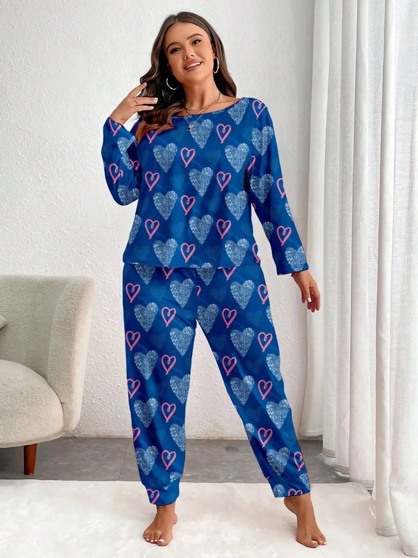 Plus Size Pink Heart Print Jogger Pajama Set - WEUXS