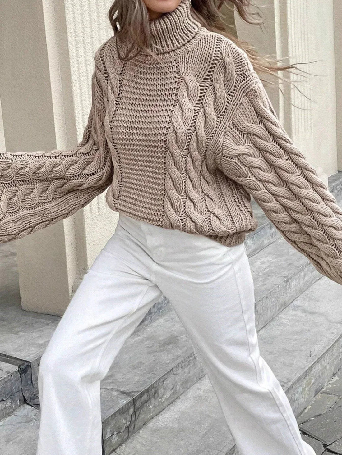 Vintage Mocha Bell Sleeve Cable Knit Sweater - WEUXS