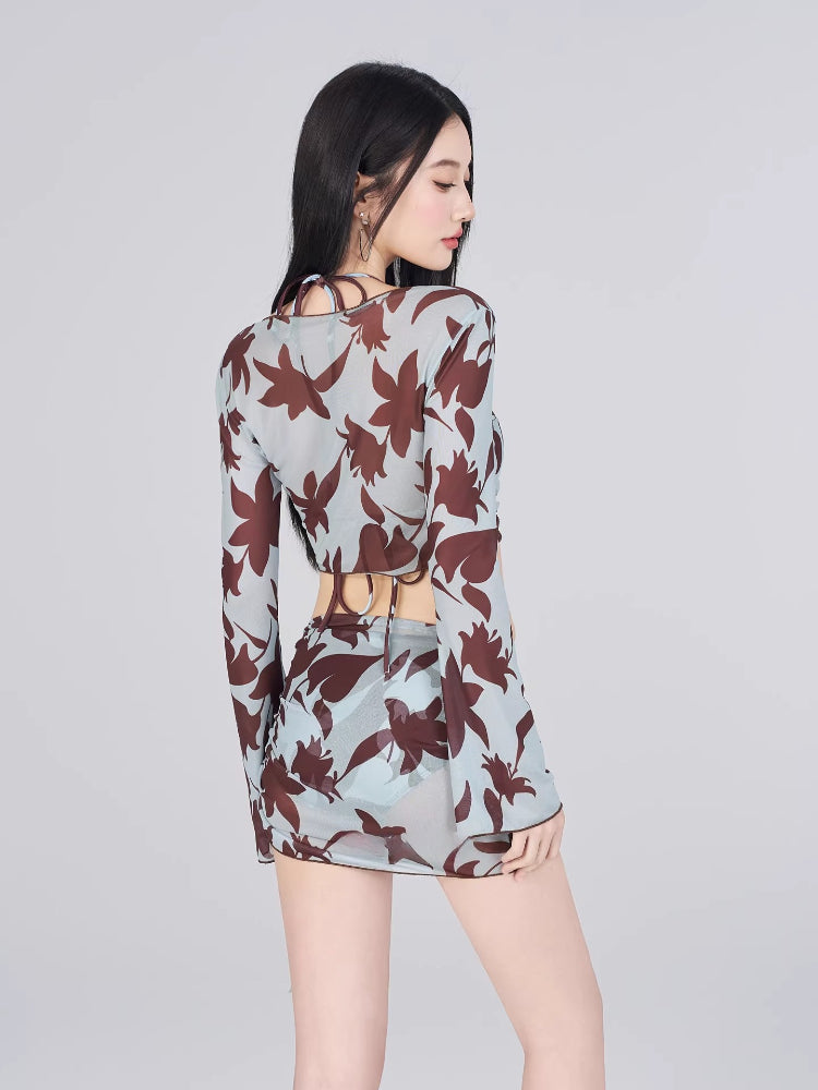 Rear view of the floral print beachwear set, showing cut-outs on the back of the top.