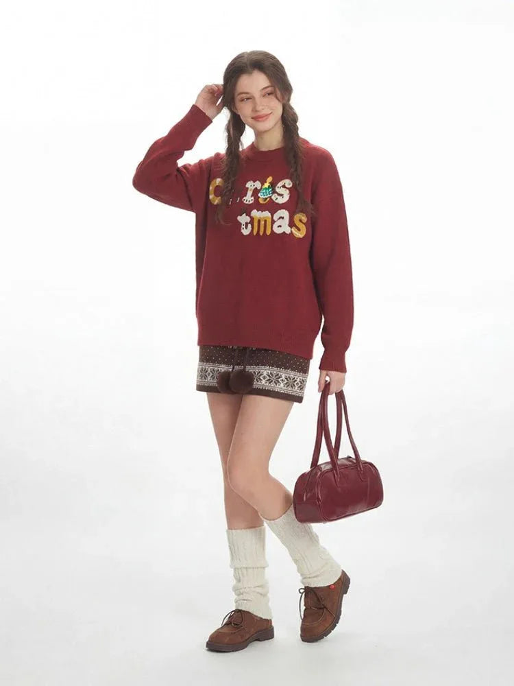 Festive Red Oversized Christmas Sweater with 3D Tree Pin - WEUXS