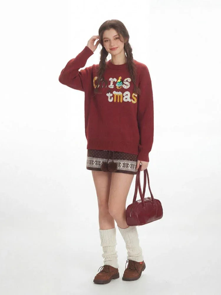 Woman wearing a festive red oversized Christmas sweater with a 3D tree pin - View 6 | WEUXS
