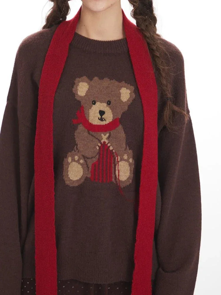 Oversized knit sweater with teddy bear graphic - View 6 | WEUXS
