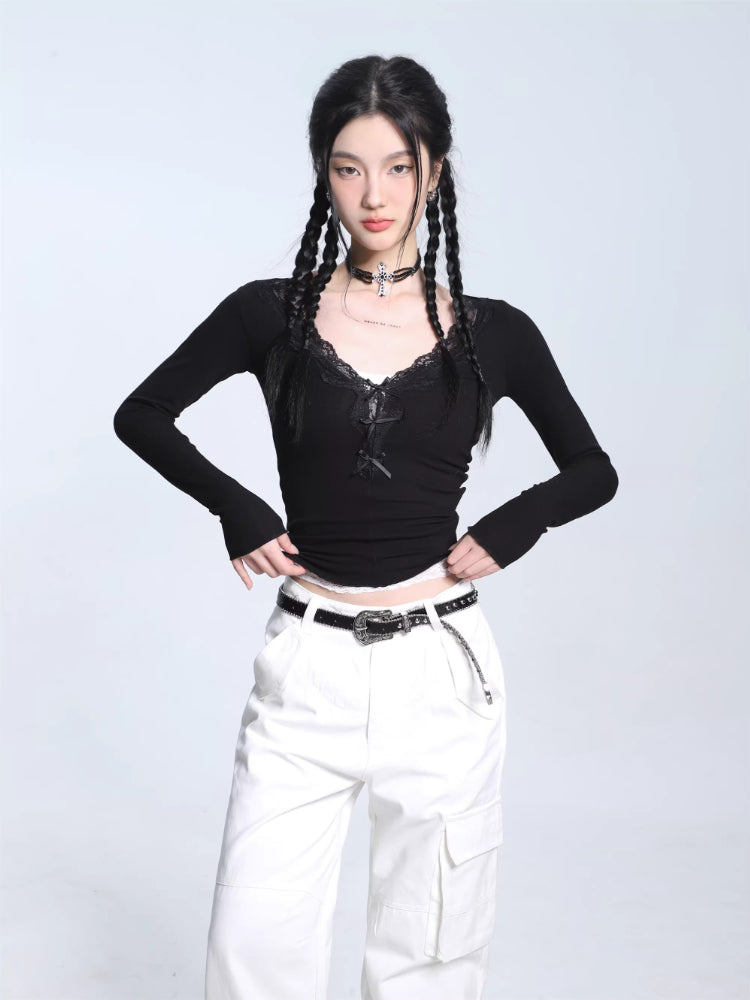 Ribbed Lace Trim Crop Top - View 6 | WEUXS