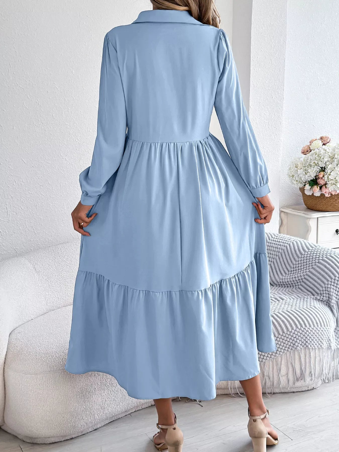 Navy Blue Ruffled Tiered Shirt Dress - View 13 | WEUXS