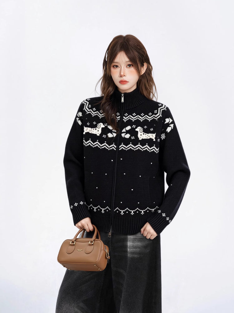 Woman wearing black Fair Isle knit zip cardigan with dachshund motifs