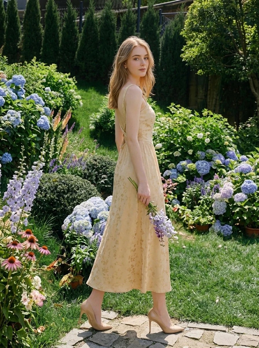 Woman walking in a garden wearing a sleeveless yellow jacquard floral midi dress with a round neckline and criss-cross back straps.