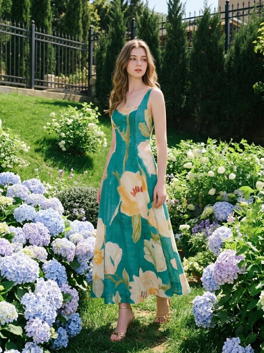 Woman wearing a green midi dress with a floral print, standing in a garden with hydrangeas.