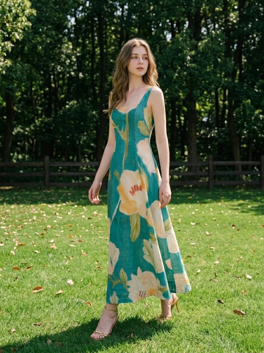 Woman wearing a green midi dress with a floral print, walking in a grassy outdoor setting.