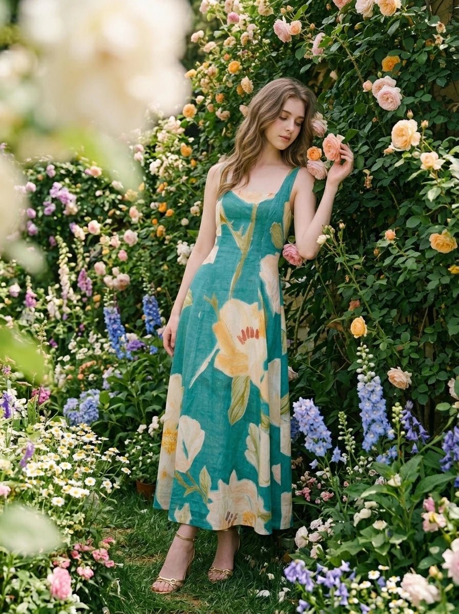 Woman wearing a green midi dress with a floral print, standing in a garden with roses.