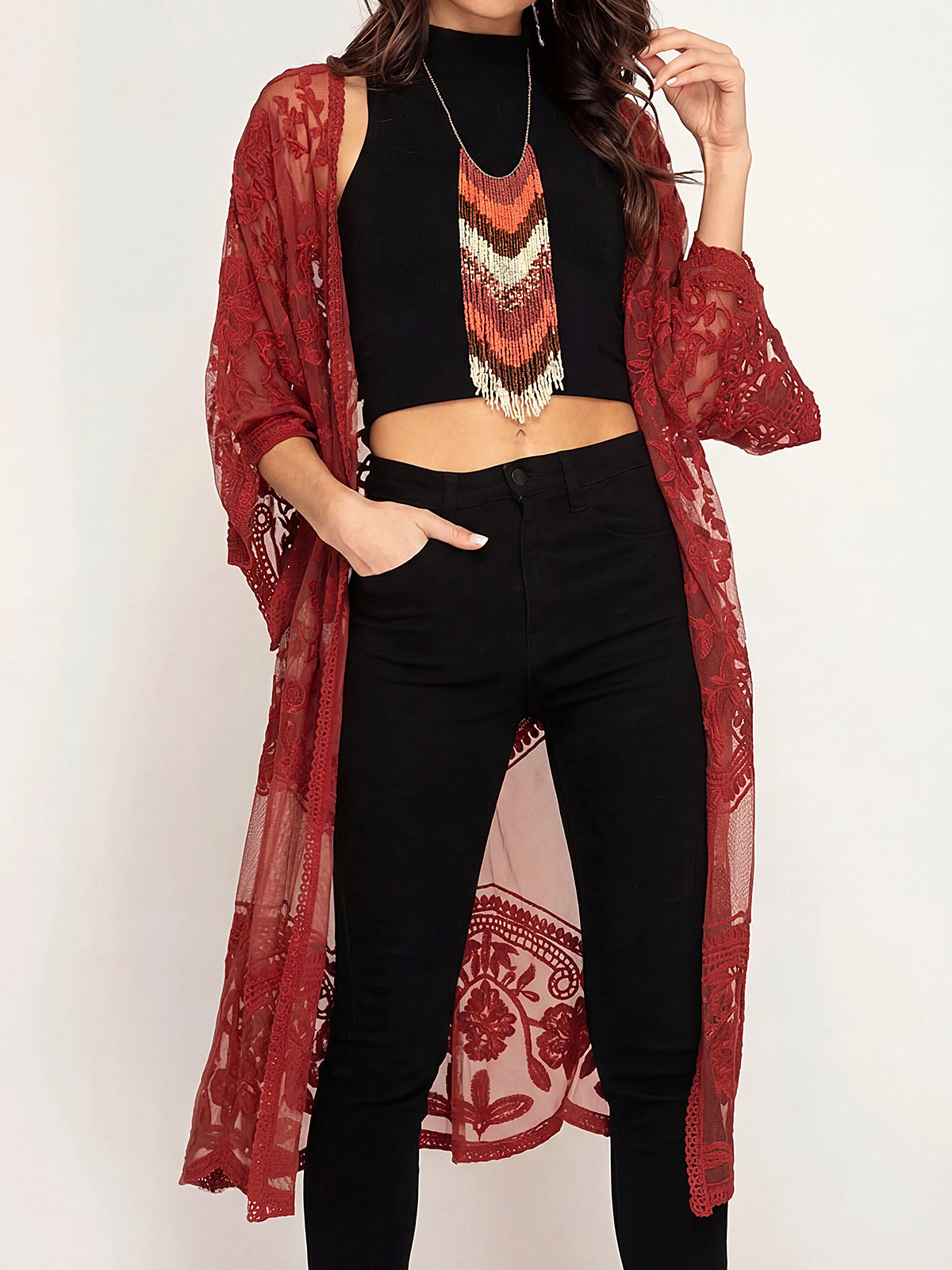 Embroidered lace kimono cover up - View 6 | WEUXS