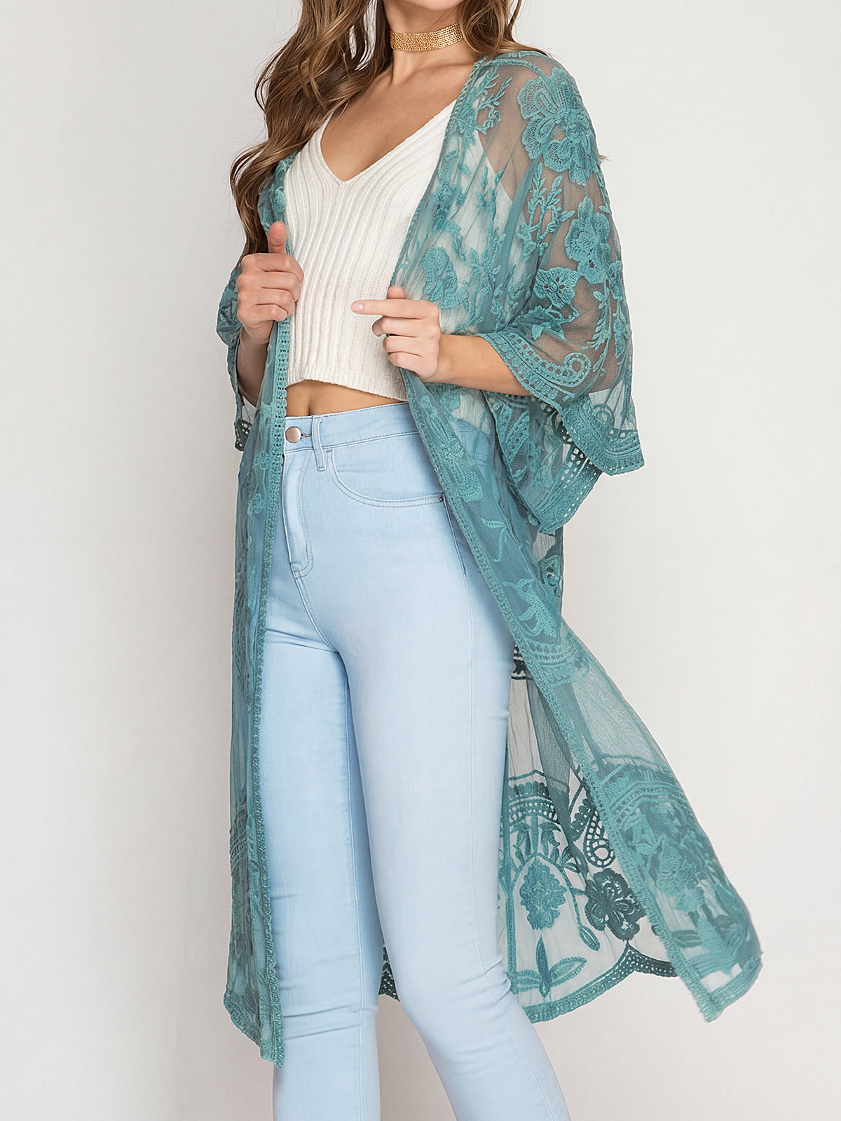 Embroidered lace kimono cover up - View 7 | WEUXS