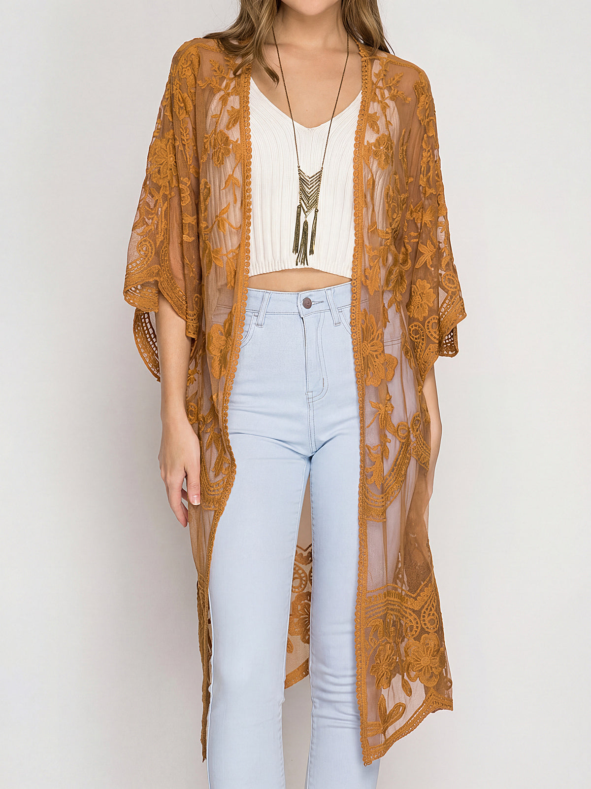 Embroidered lace kimono cover up - View 8 | WEUXS