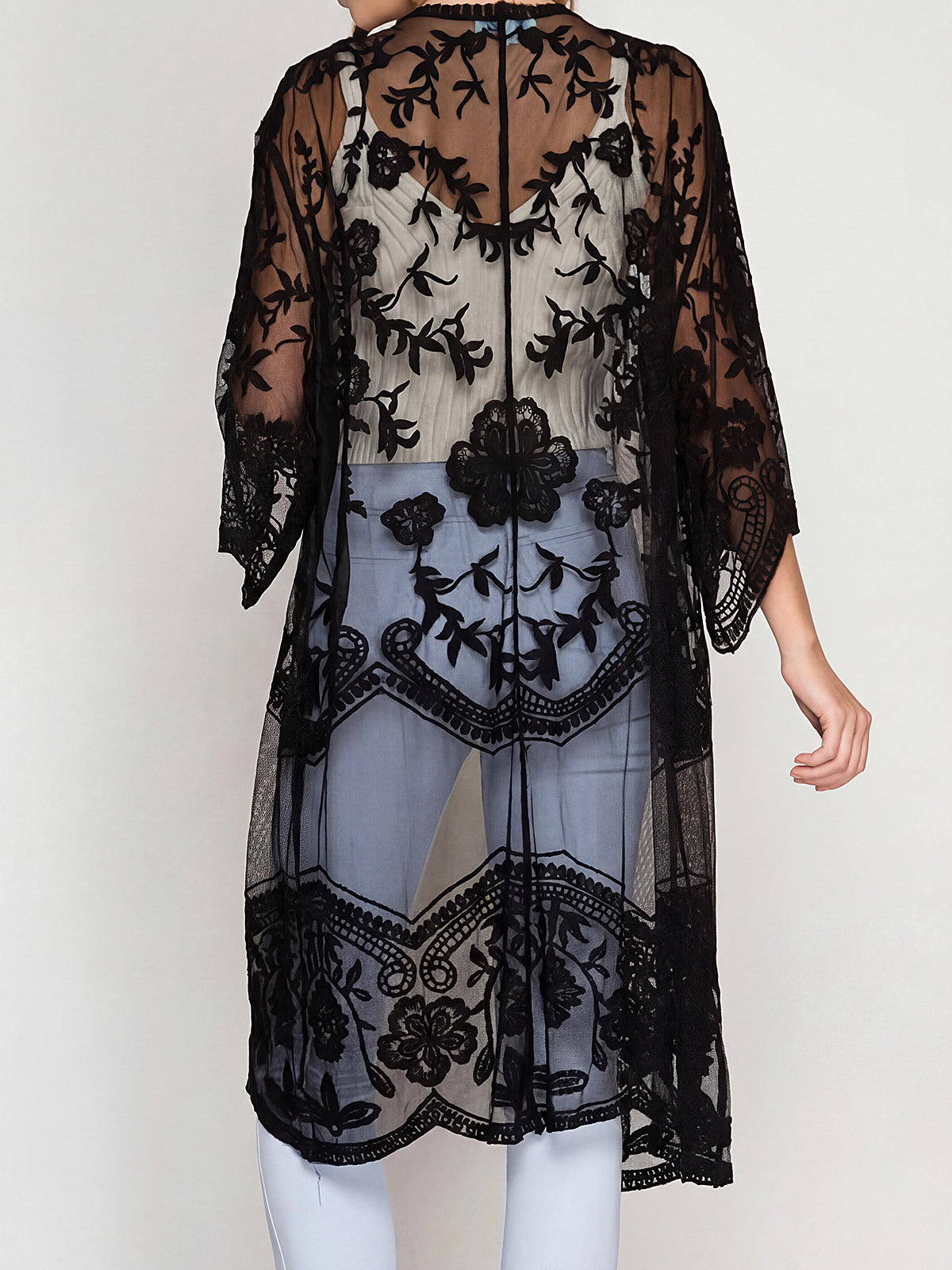 Embroidered lace kimono cover up - View 9 | WEUXS