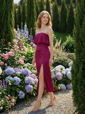 Fold Over Strapless Satin Midi Dress - Magenta - WEUXS