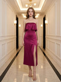 Fold Over Strapless Satin Midi Dress - Magenta - WEUXS