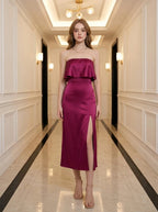 Fold Over Strapless Satin Midi Dress - Magenta - WEUXS