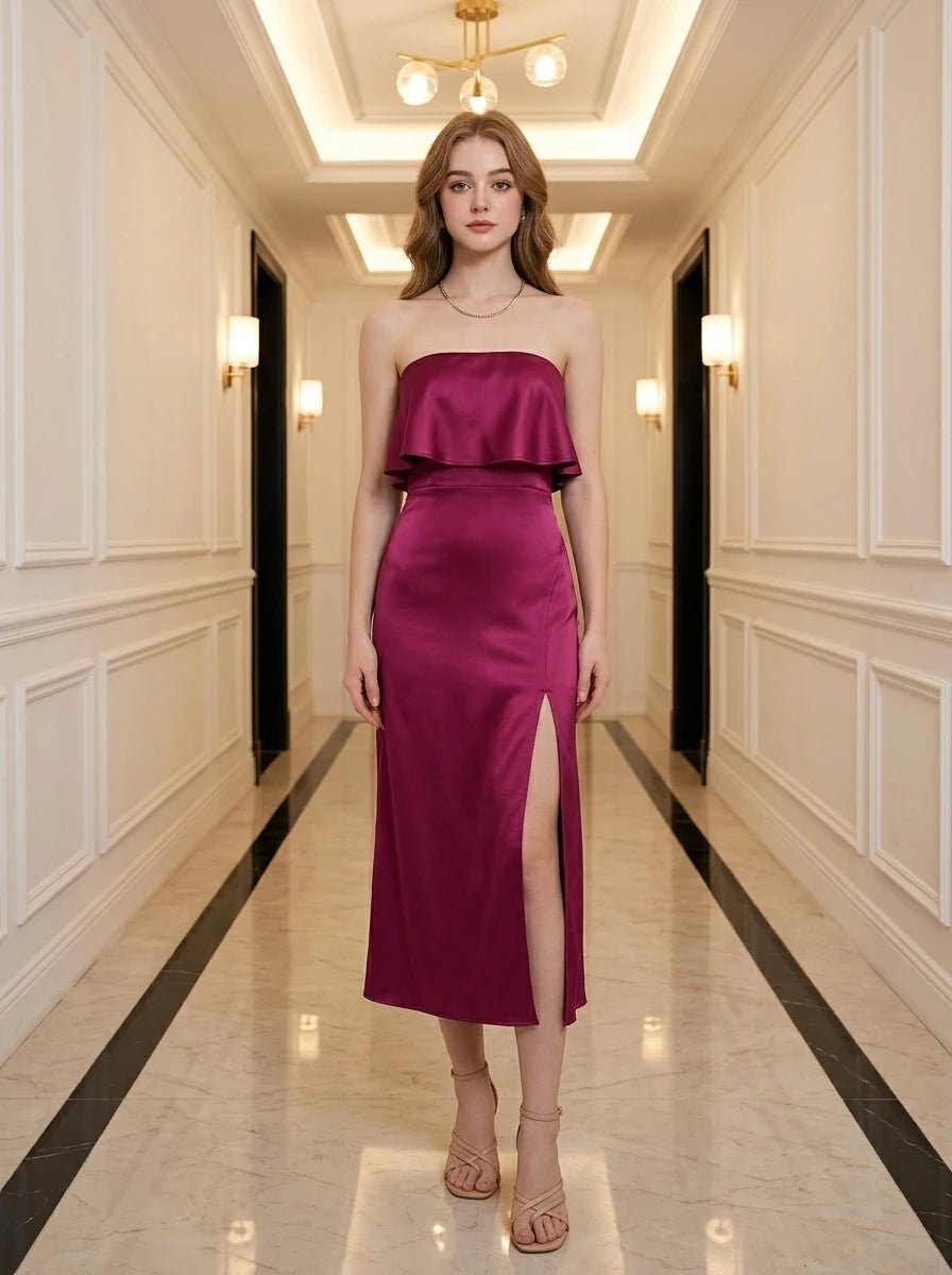 Fold Over Strapless Satin Midi Dress - Magenta - WEUXS