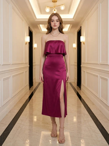 Fold Over Strapless Satin Midi Dress - Magenta - WEUXS