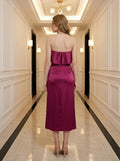 Fold Over Strapless Satin Midi Dress - Magenta - WEUXS