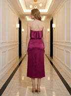 Fold Over Strapless Satin Midi Dress - Magenta - WEUXS