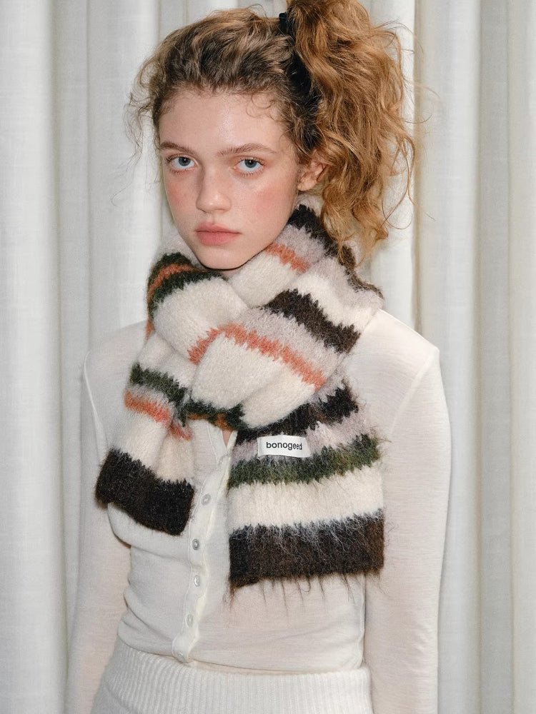 Fuzzy Stripe Knit Scarf Cream Multi - WEUXS