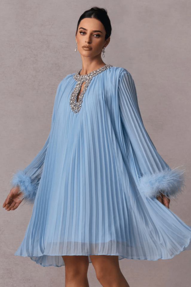 Gabrielle Diamante Feathered Pleated Mini Dress - WEUXS