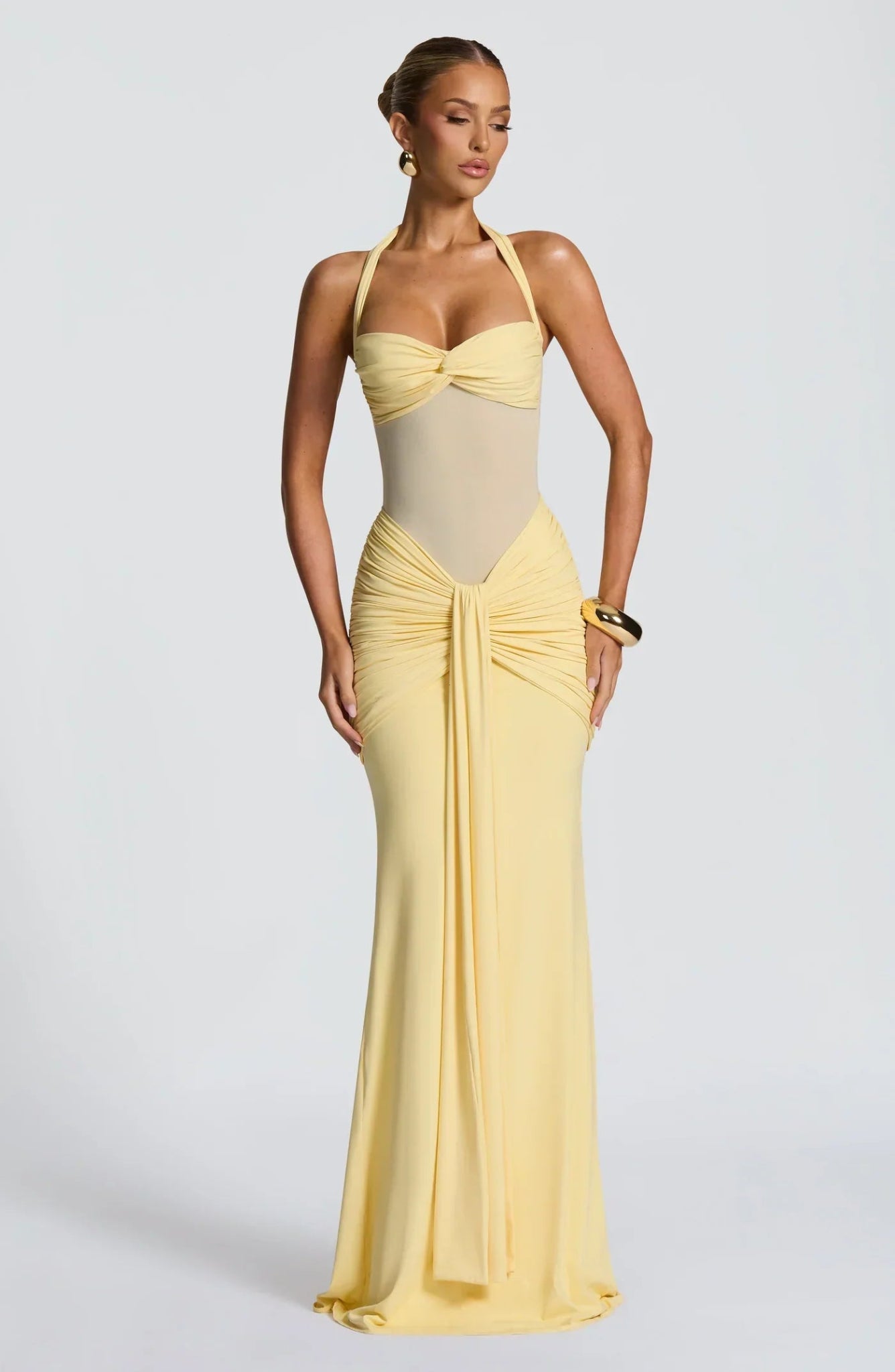 Gala Siren Hourglass Ruched Maxi Dress - Halter Neck Sheer Mesh Evening Gown - WEUXS