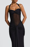 Gala Siren Hourglass Ruched Maxi Dress - Halter Neck Sheer Mesh Evening Gown - WEUXS