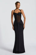 Gala Siren Hourglass Ruched Maxi Dress - Halter Neck Sheer Mesh Evening Gown - WEUXS