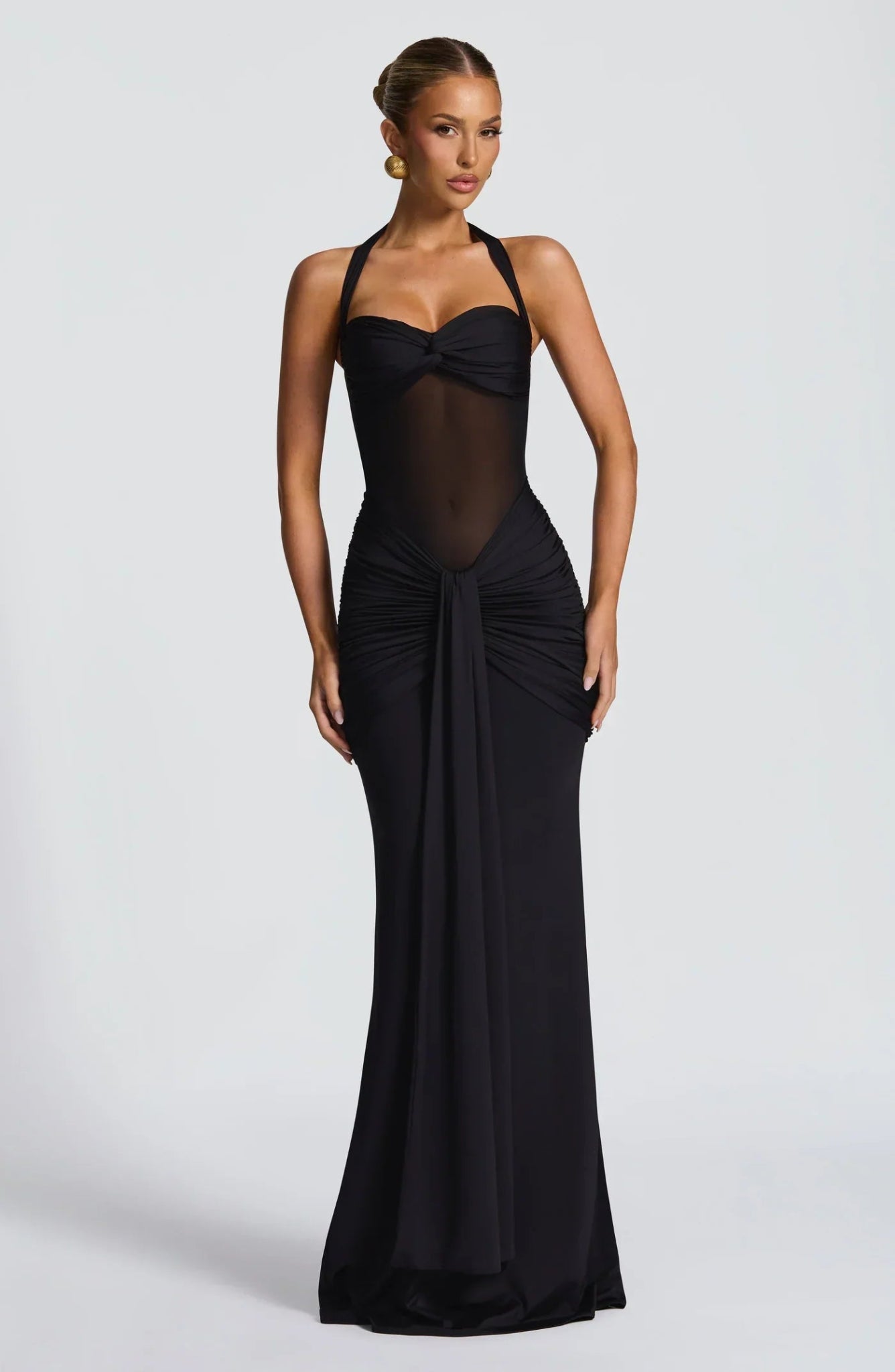 Gala Siren Hourglass Ruched Maxi Dress - Halter Neck Sheer Mesh Evening Gown - WEUXS