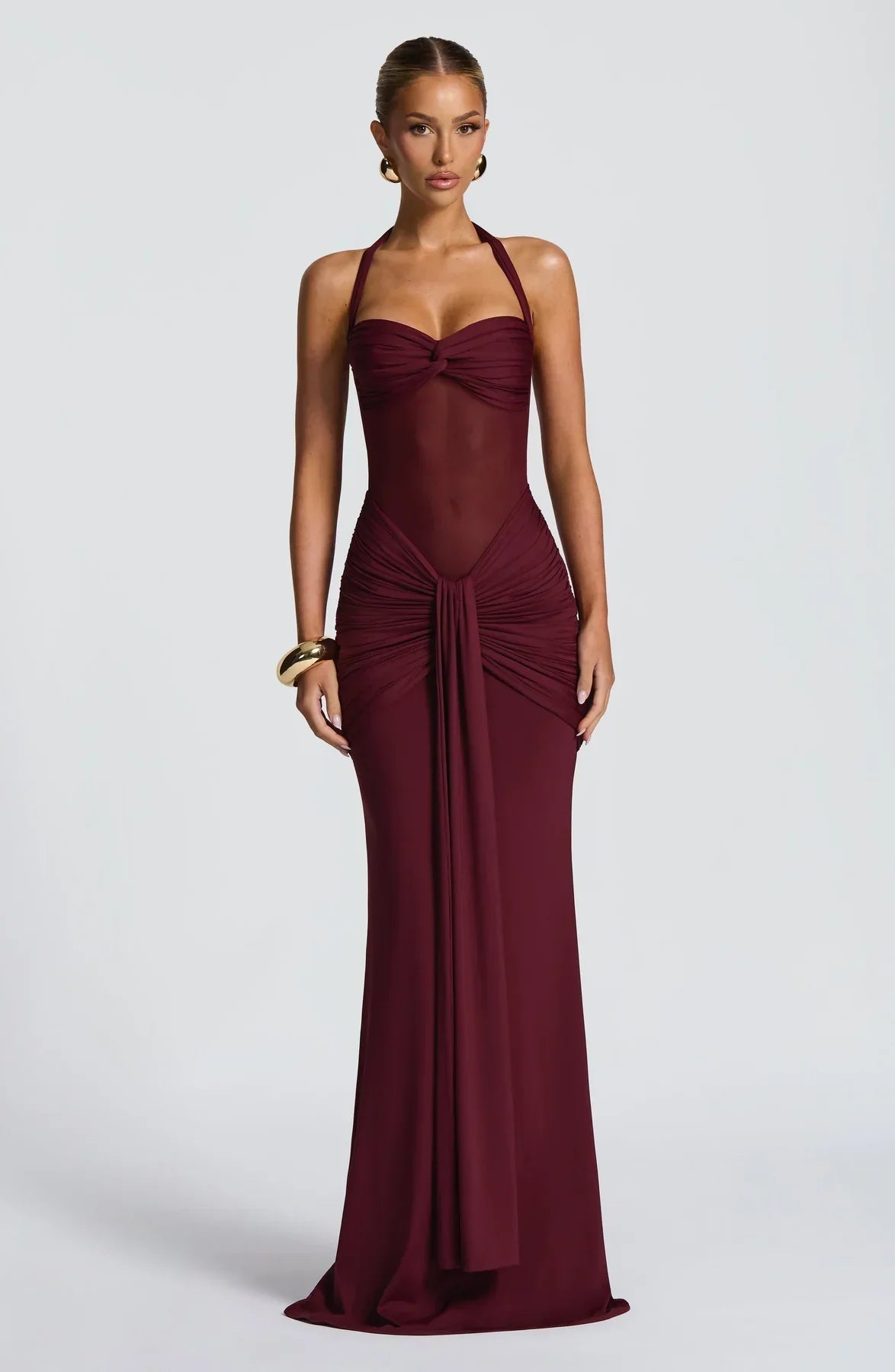 Gala Siren Hourglass Ruched Maxi Dress - Halter Neck Sheer Mesh Evening Gown - WEUXS