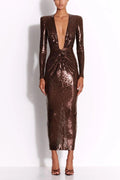 Gathered Sequined Midi Dress in Brown - WEUXS