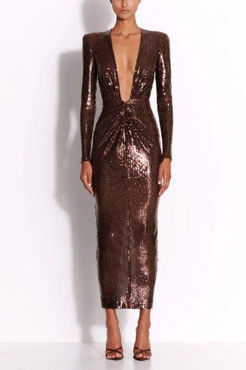 Gathered Sequined Midi Dress in Brown - WEUXS