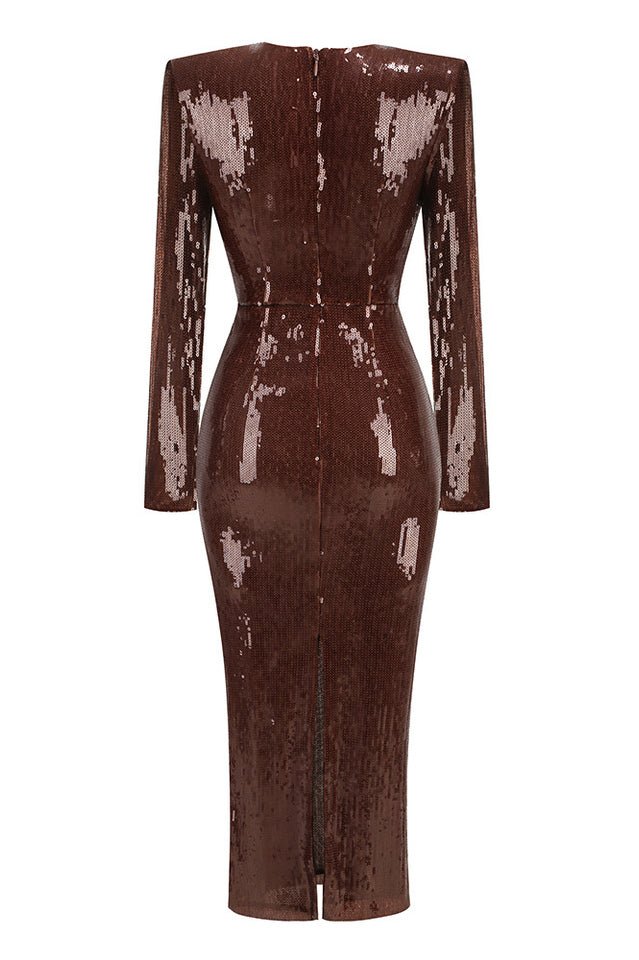 Gathered Sequined Midi Dress in Brown - WEUXS
