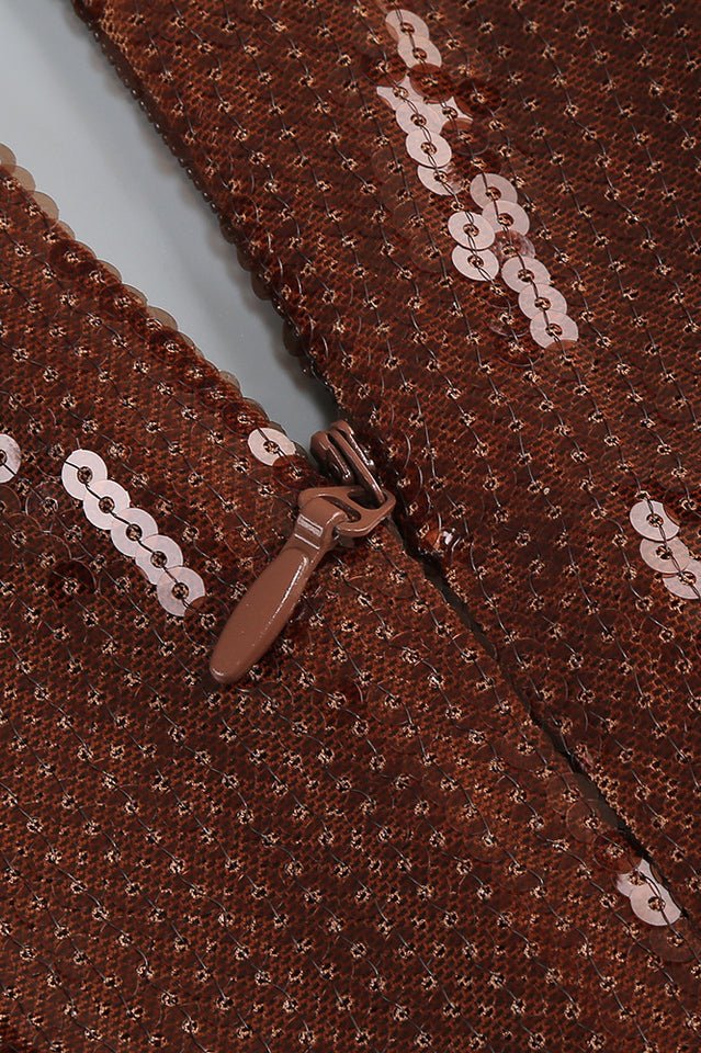 Gathered Sequined Midi Dress in Brown - WEUXS