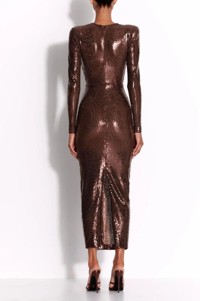 Gathered Sequined Midi Dress in Brown - WEUXS