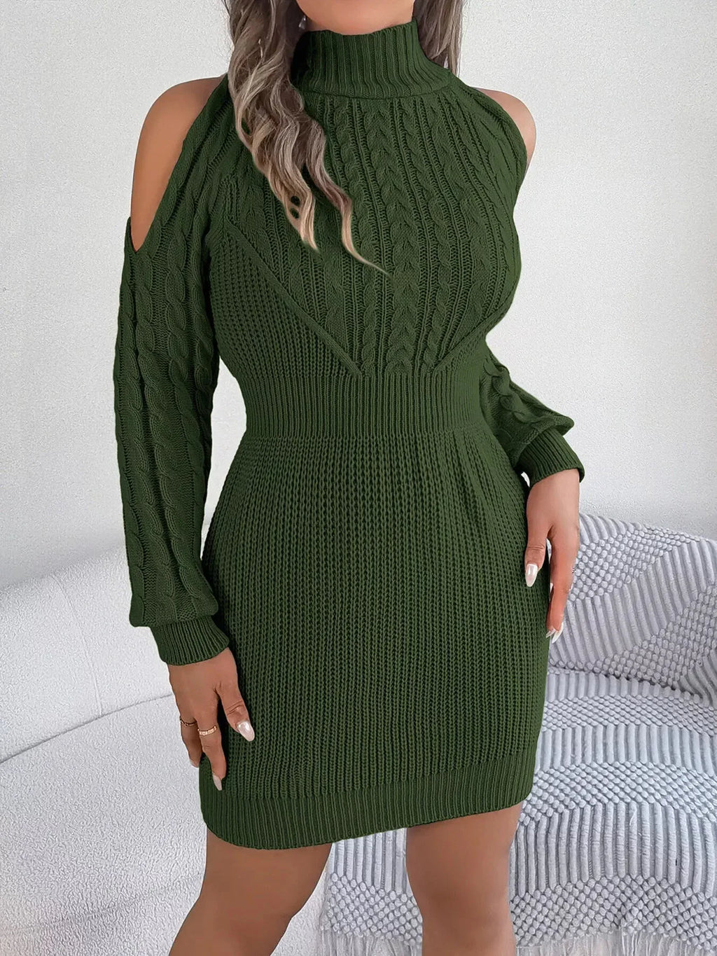 Cold Shoulder Cable Knit Sweater Dress - View 6 | WEUXS