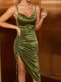     green drawstring ruched asymmetrical hem satin dress#color_green