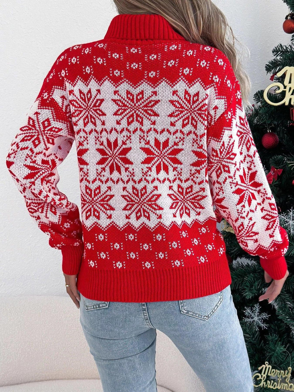 Green Fair Isle Snowflake Turtleneck Sweater - View 11 | WEUXS