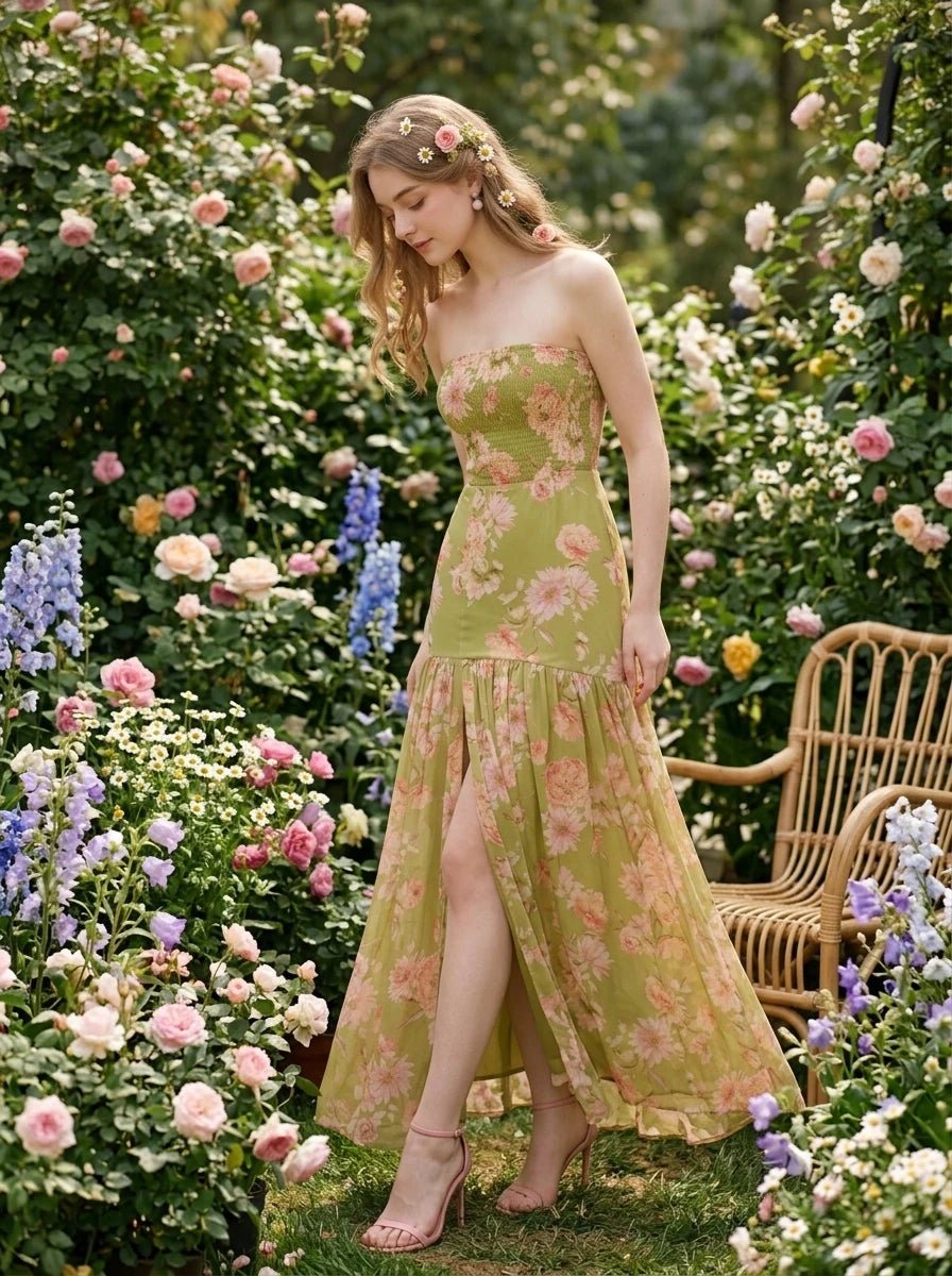 Woman in a green floral print strapless maxi dress adorned with flowers in her hair, posing in a garden