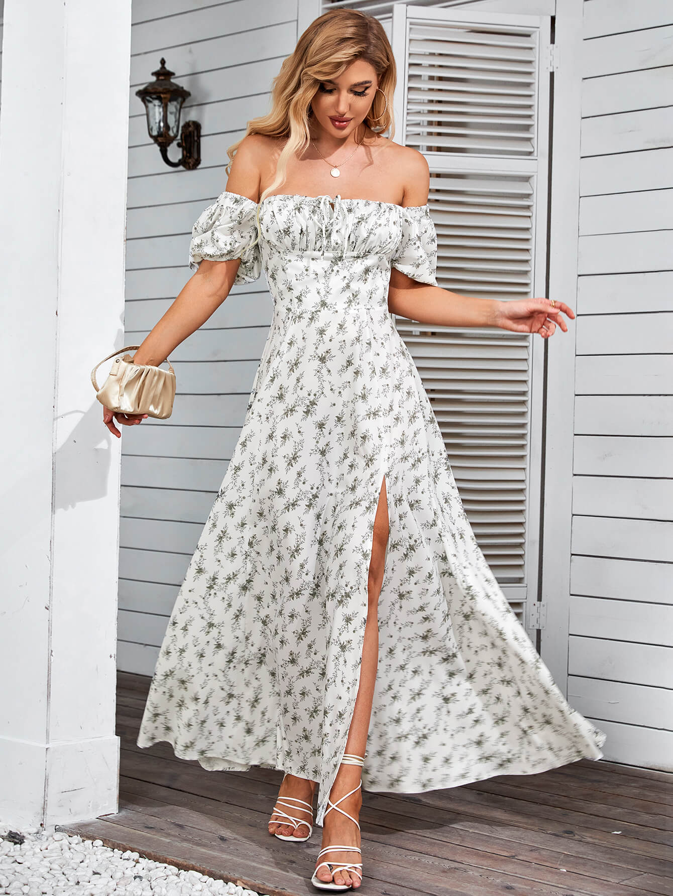 Floral print maxi dress with puff sleeves - View 89 | WEUXS