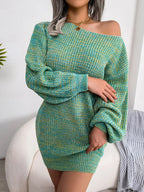 Close-up of a woman in a green and yellow marl knit dress, showing the texture and sleeve detail.