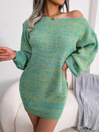 Model posing in a green and yellow marl knit off-the-shoulder dress.