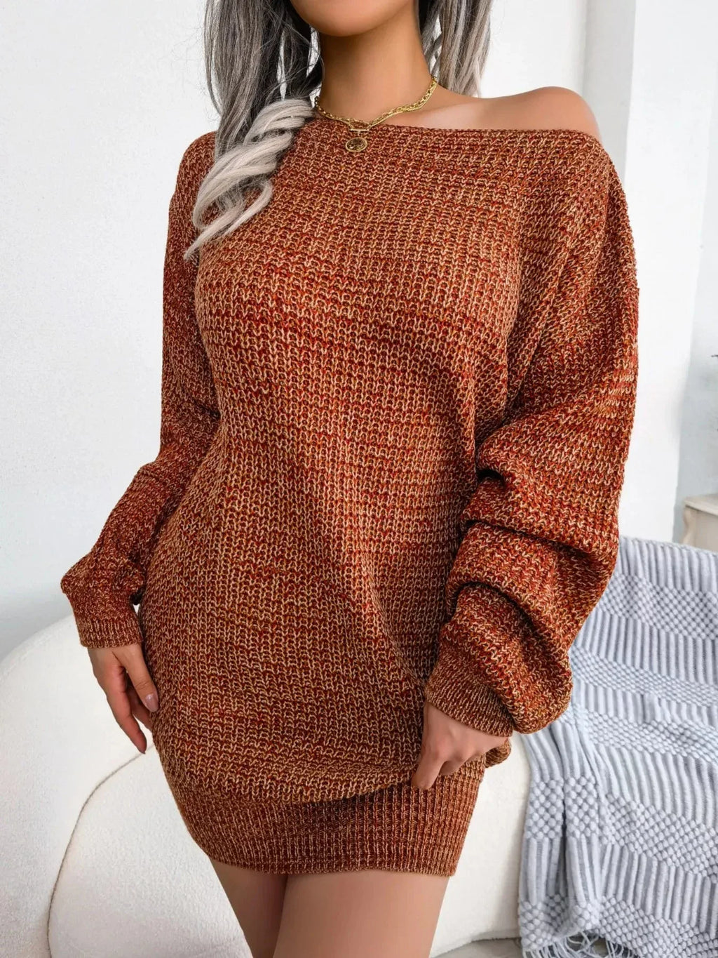 Green Marled Off-Shoulder Sweater Dress - WEUXS