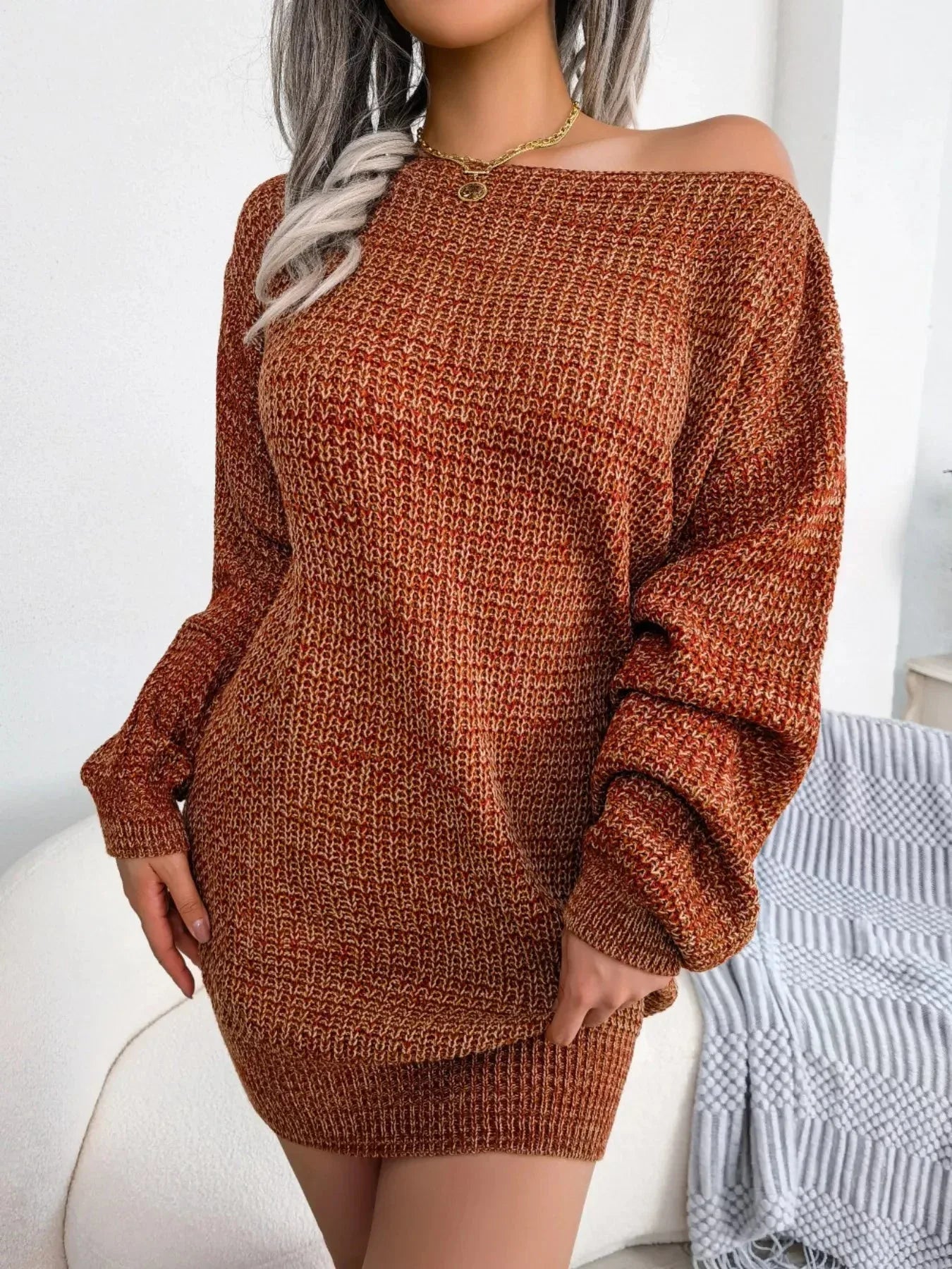 Green Marled Off-Shoulder Sweater Dress - WEUXS