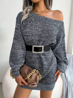 Green Marled Off-Shoulder Sweater Dress - WEUXS