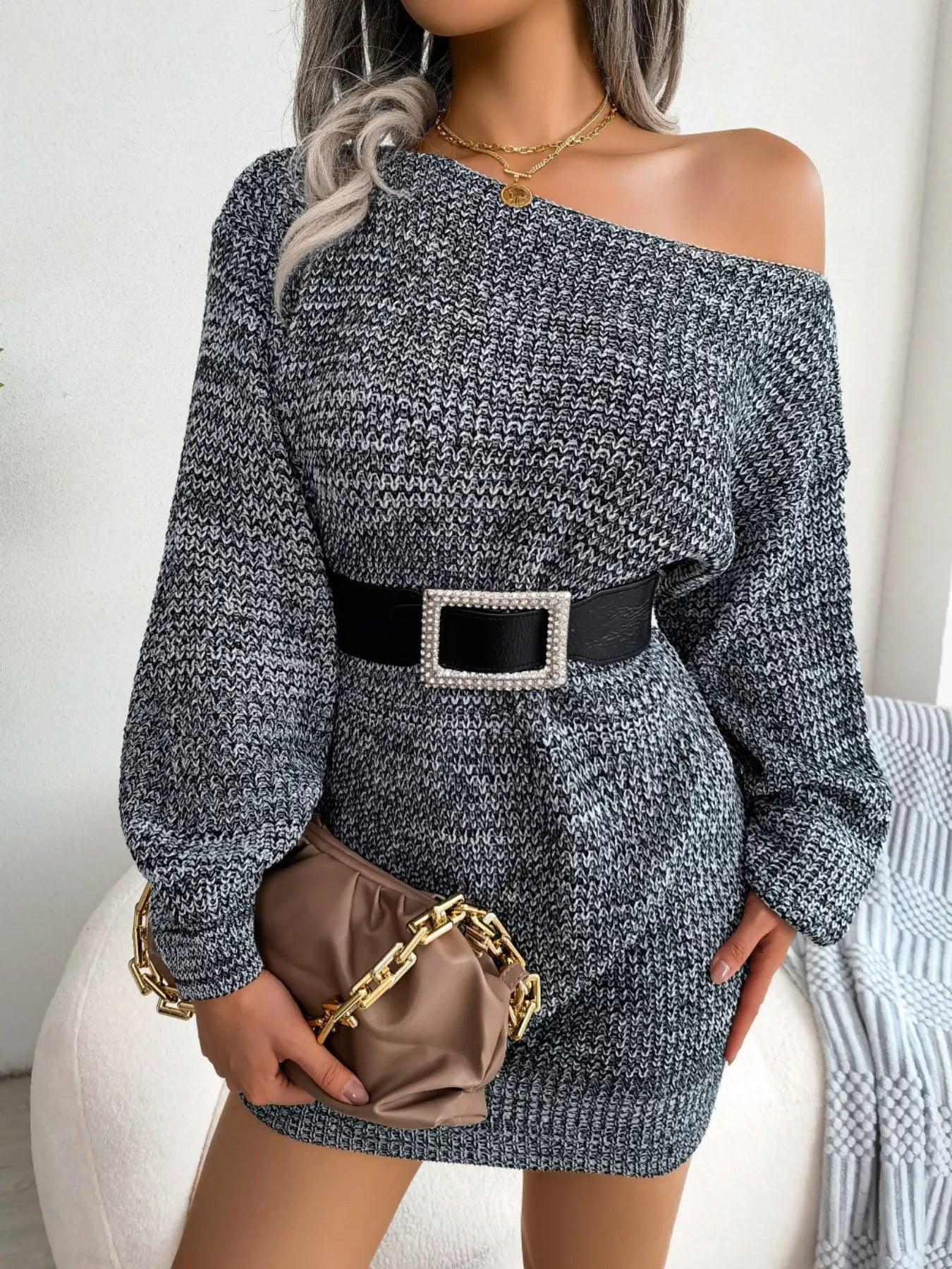 Green Marled Off-Shoulder Sweater Dress - WEUXS