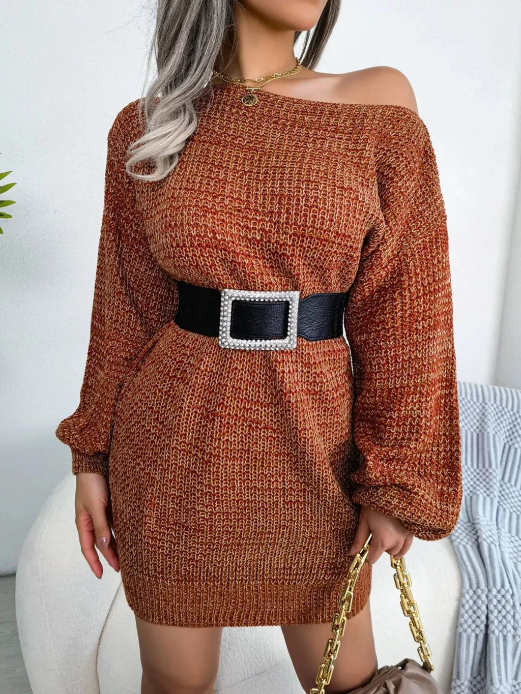 Green Marled Off-Shoulder Sweater Dress - WEUXS