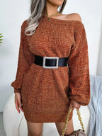 Green Marled Off-Shoulder Sweater Dress - WEUXS