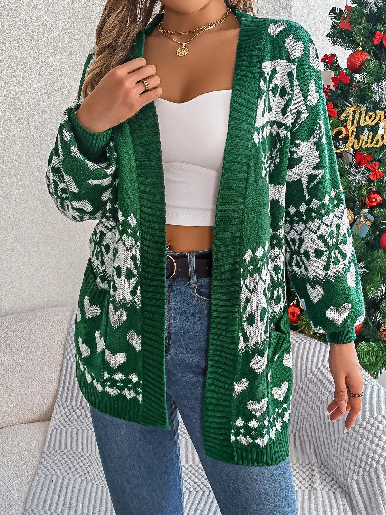 Woman wearing a green and white patterned cardigan with an open front and pockets. Main image